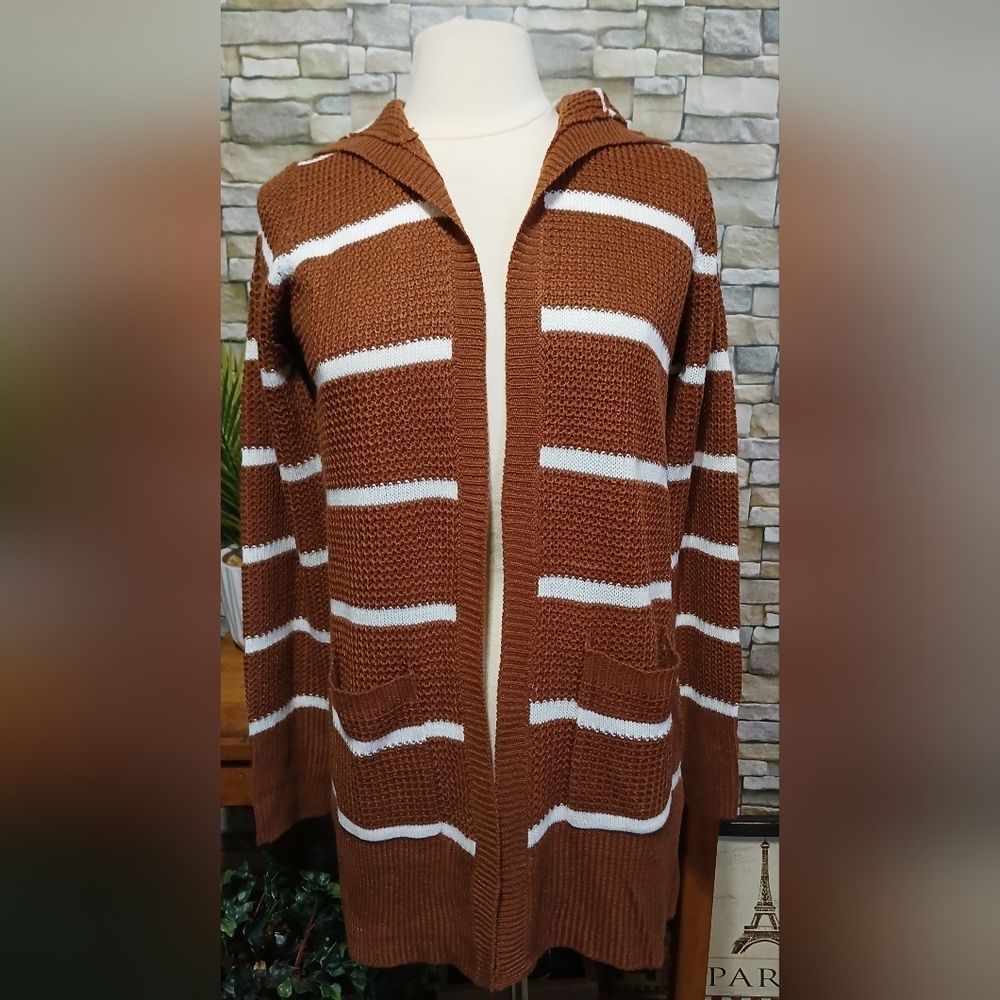 Womens Large Open Hooded Cardigan Sweater Brown White Cottagecore